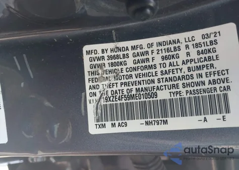 2021 Honda Insight Ex из США, поврежденный, VIN 19XZE4F59ME010509